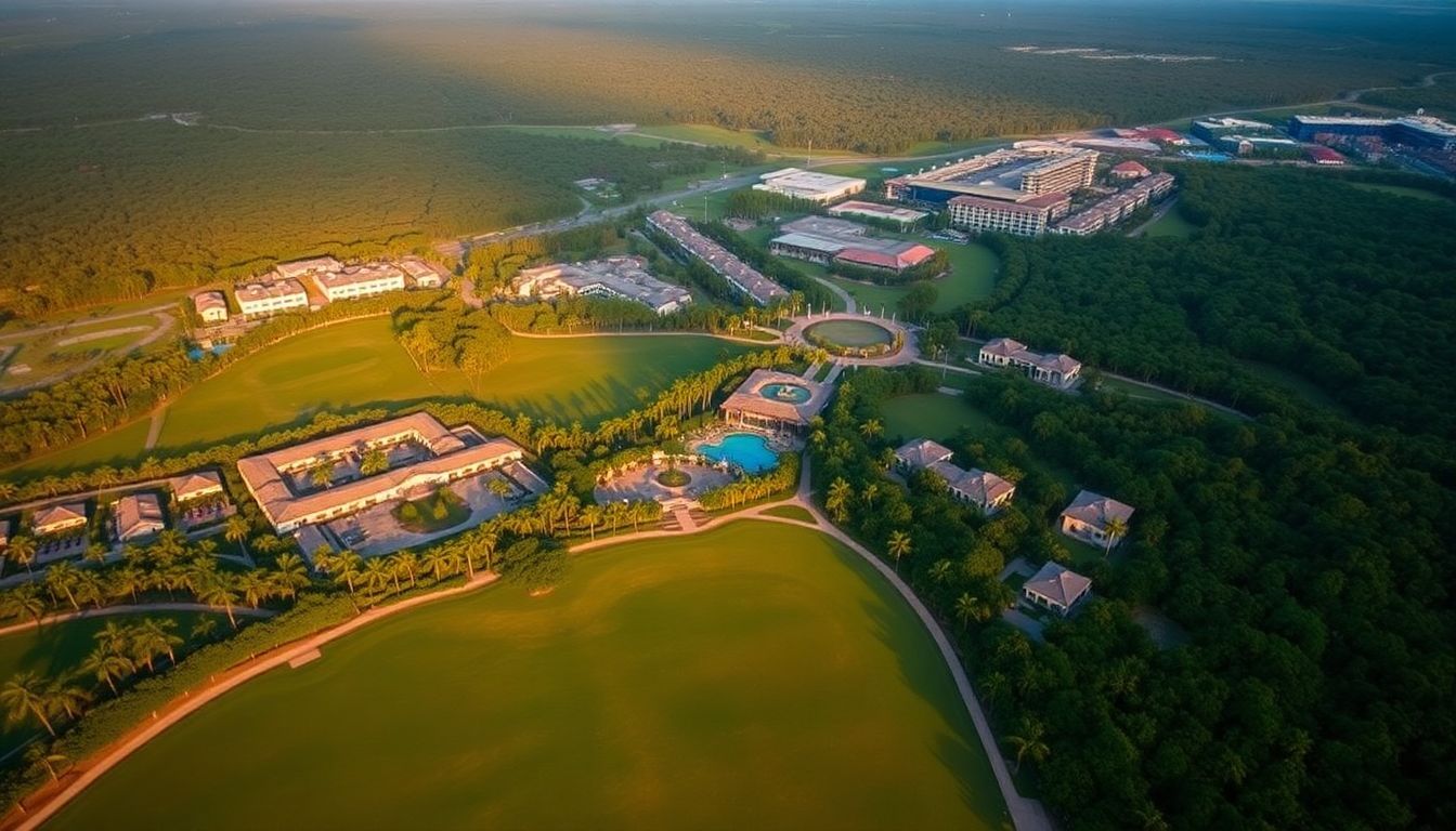 Aerial view of Casa de Campo resort at sunset, showcasing lush landscapes.