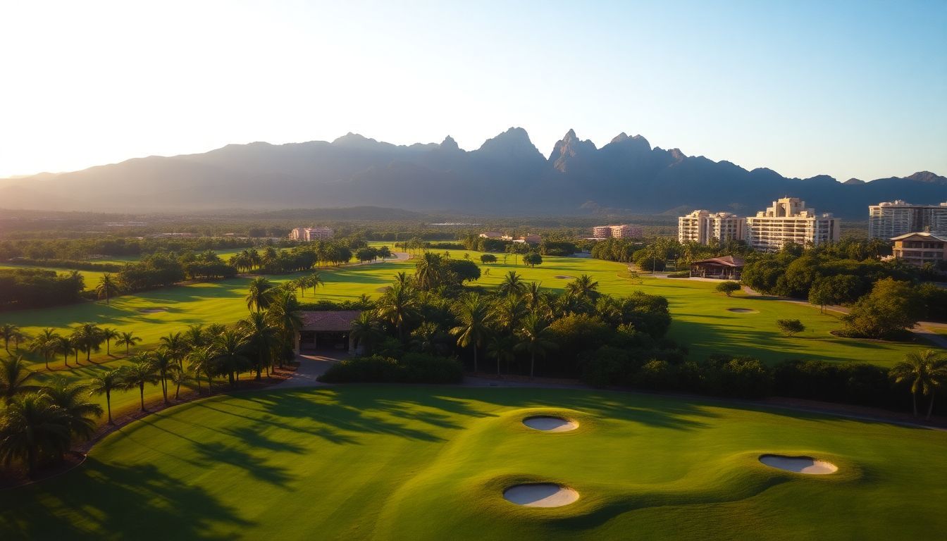 An aerial view of vibrant green golf courses at Casa de Campo.