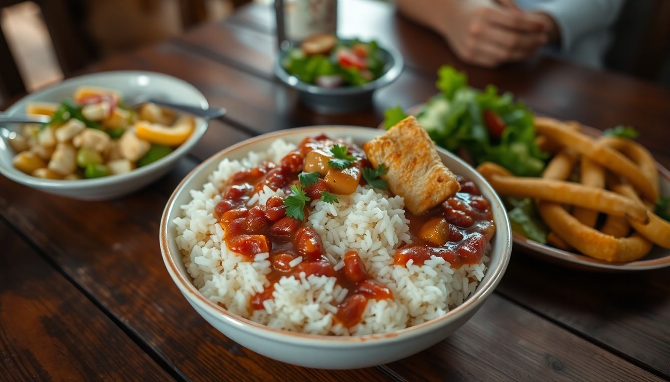 A bowl of La Bandera Dominicana with rice, beans, chicken, plantains, and salad.