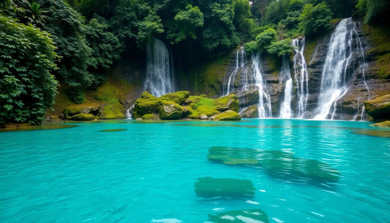 A serene landscape of Damajagua Waterfalls showcasing clear pools and lush greenery.