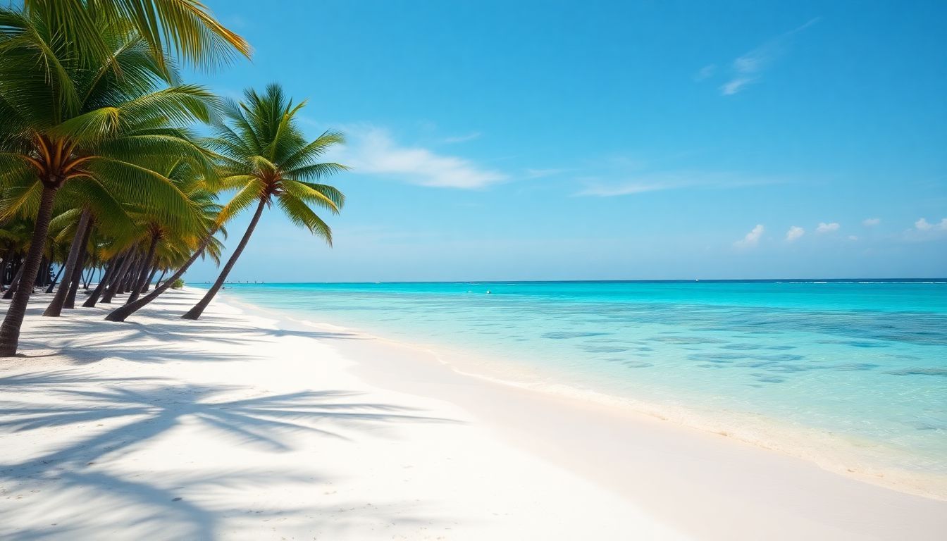 A serene Bávaro Beach with clear waters and palm trees.