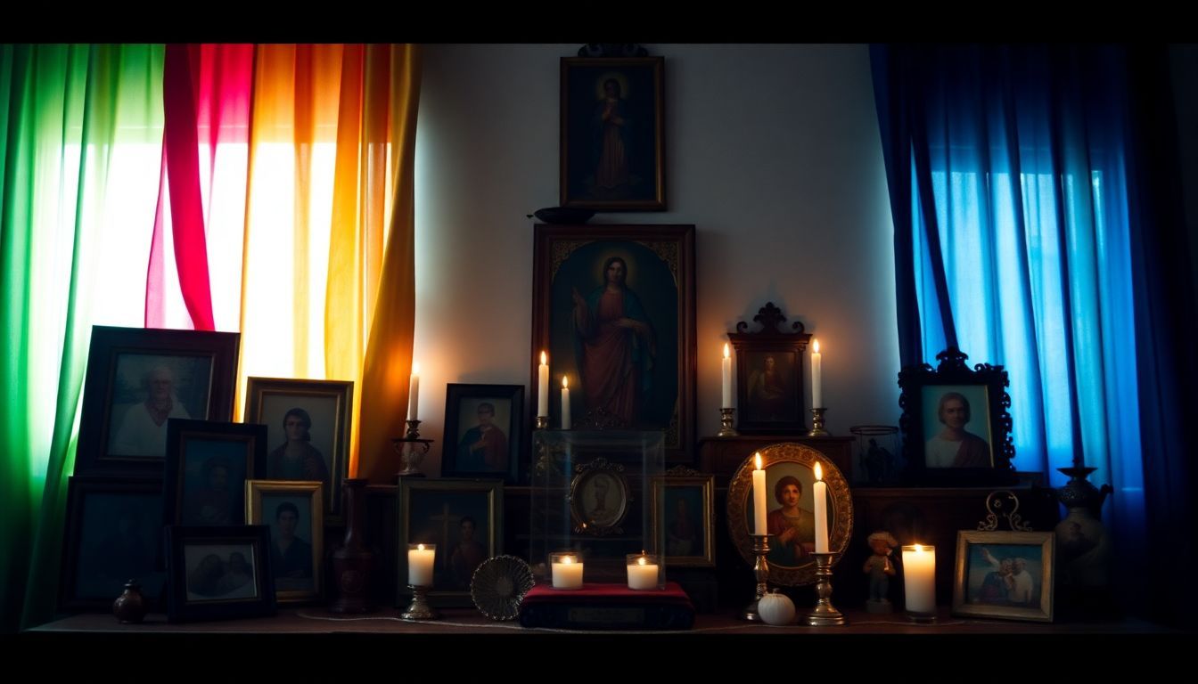 A traditional household altar with family photos, religious icons, and candles.