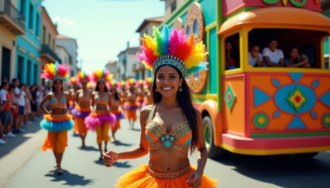 A lively street scene from the Dominican Carnival with colorful floats and dancers.