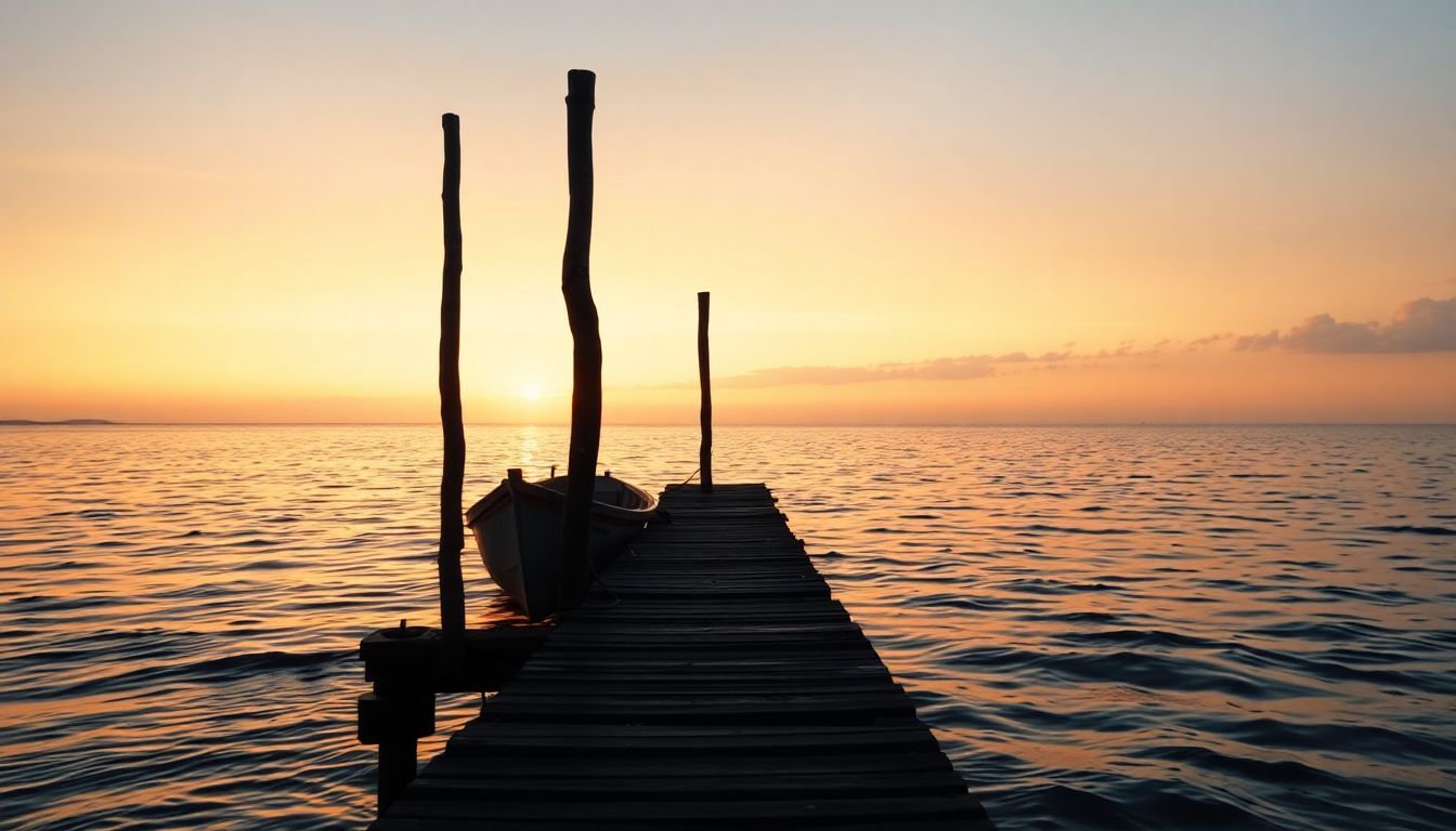 A rustic wooden dock at sunset with a fishing boat.