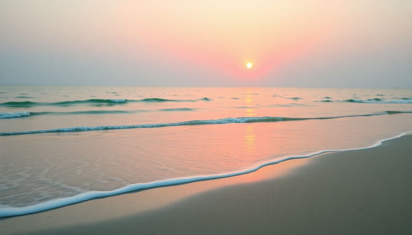 A serene sunrise beach with gentle waves and soft sand.