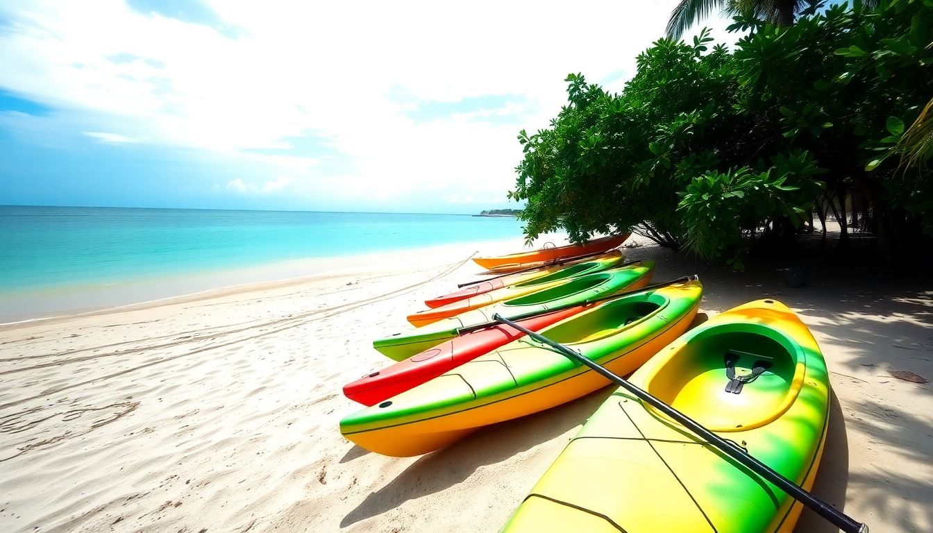 Several kayaks lined up on a sandy beach in the Dominican Republic.