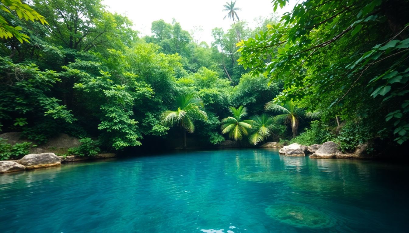 A photo of Hoyo Azul cenote with clear waters and lush jungle.