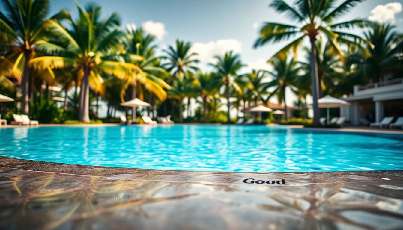 A turquoise swim-up bar at a tropical resort, surrounded by palm trees.