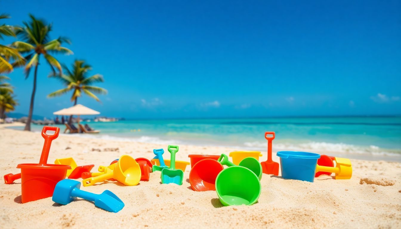 Colorful beach toys spread across golden sand in the Dominican Republic.