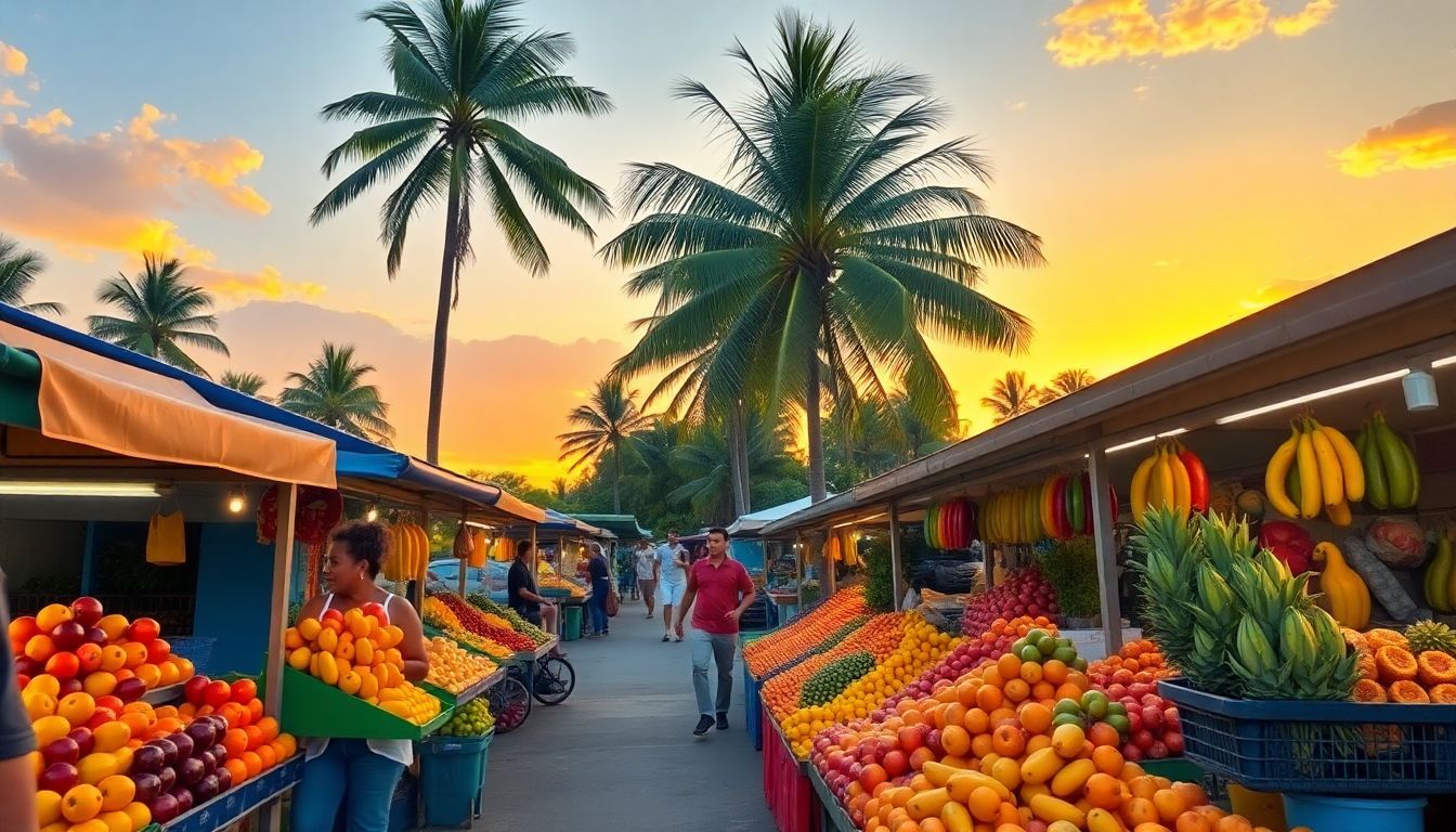 Vibrant street market with colorful stalls filled with exotic fruits.