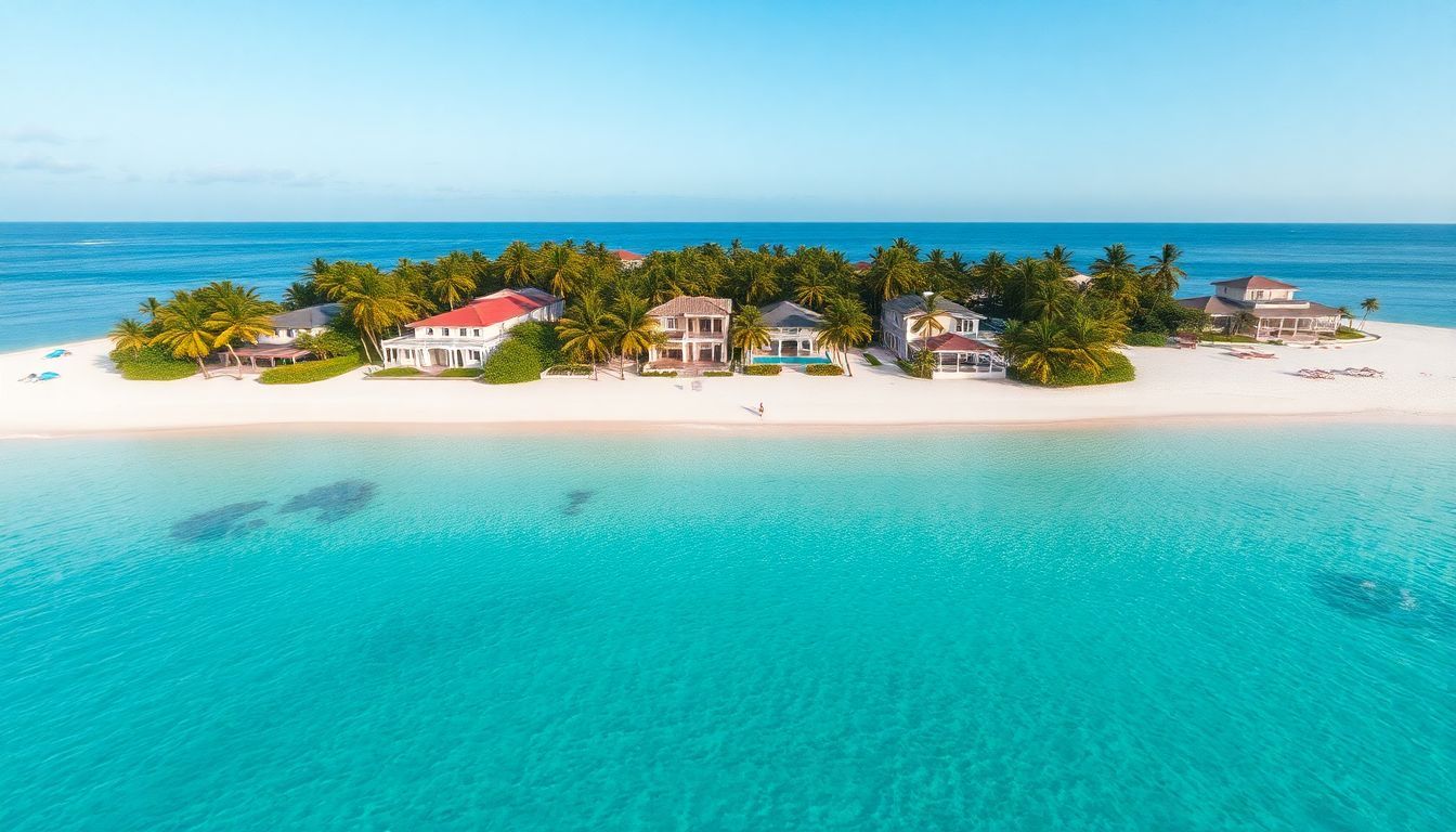 Aerial view of a secluded beach with turquoise waters and palm trees.