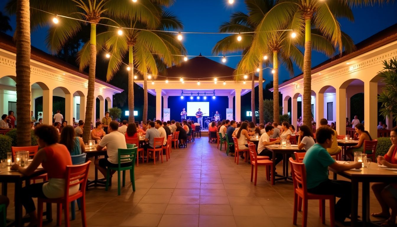 A lively outdoor dining terrace at Casa de Campo with colorful tables and chairs under palm trees and string lights.