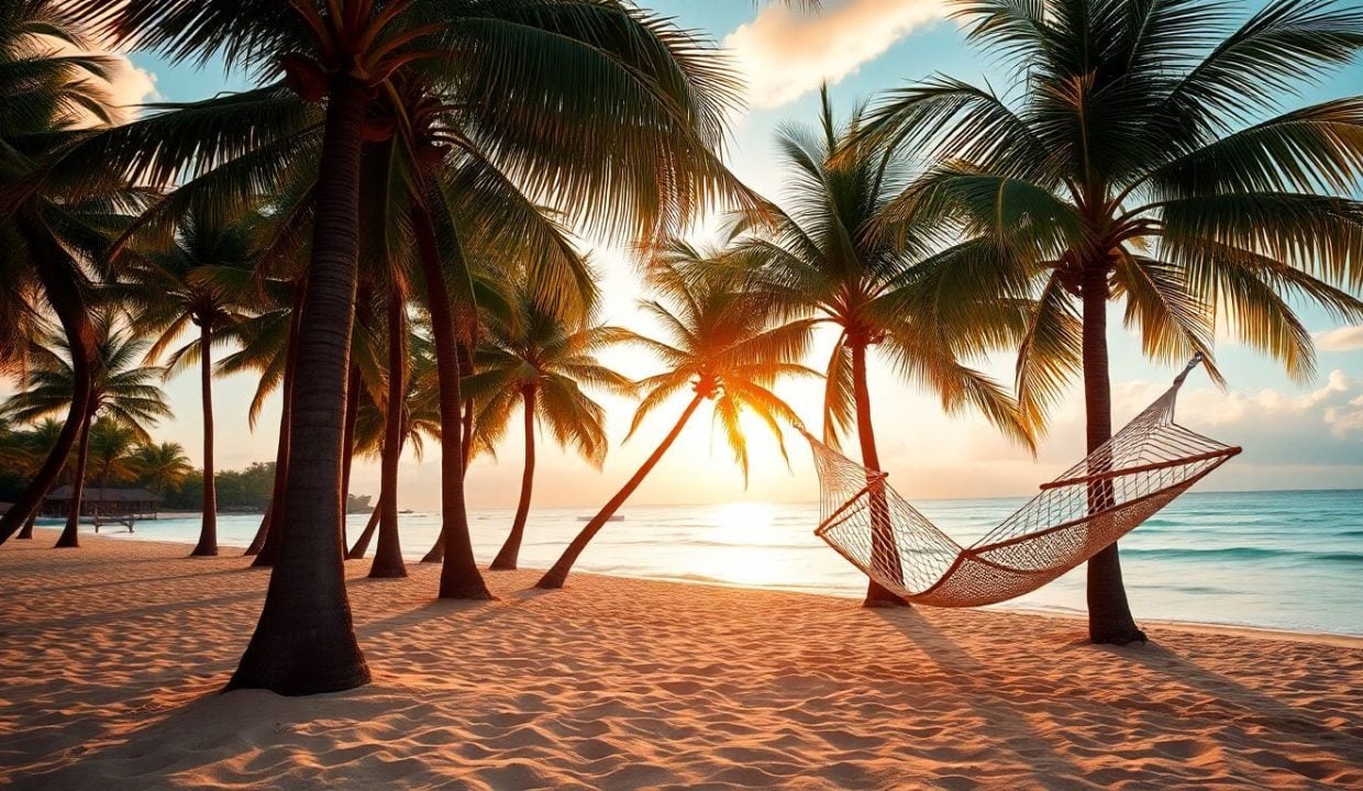 A serene tropical beach at sunset with palm trees and a hammock.