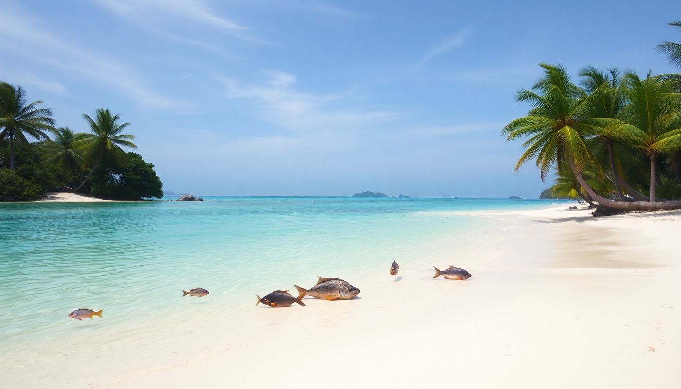 A serene beach scene with turquoise water, palm trees, and colorful fish.