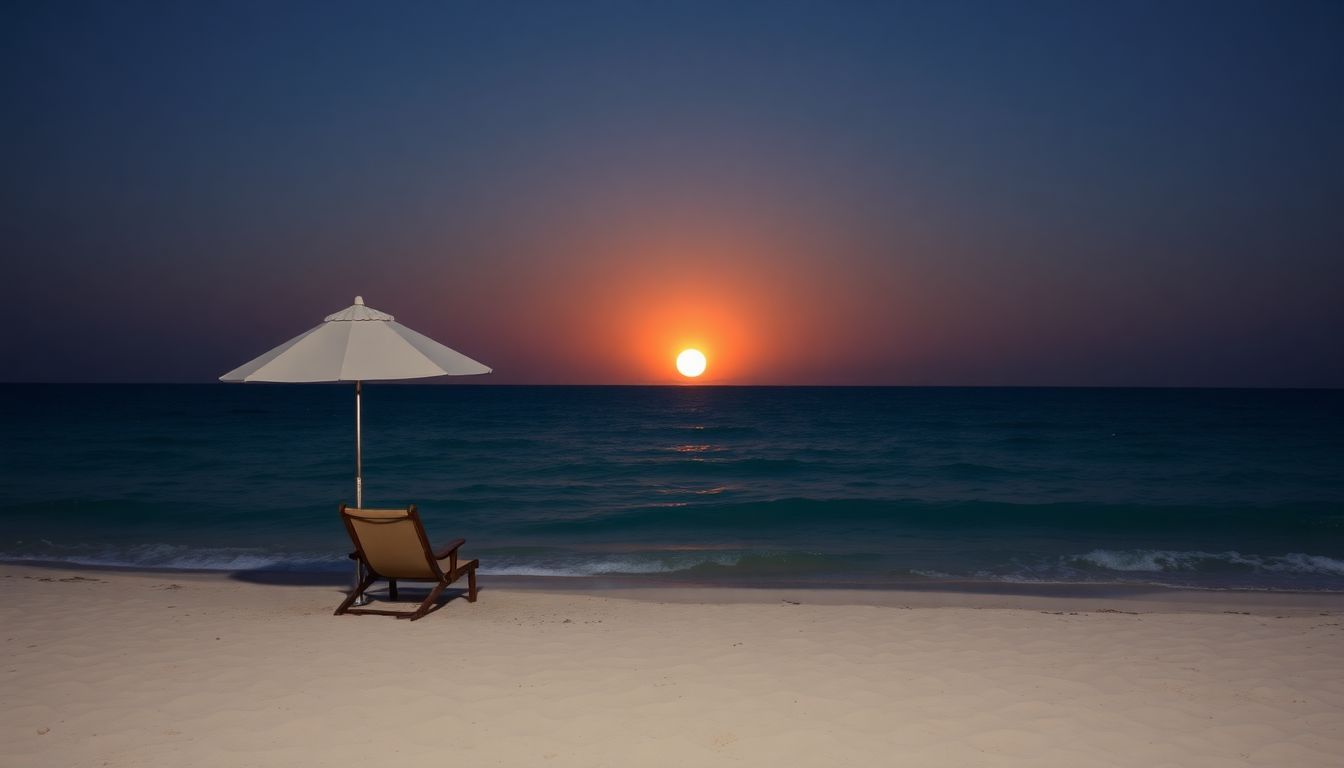 A peaceful beach at dusk with a single chair and umbrella.