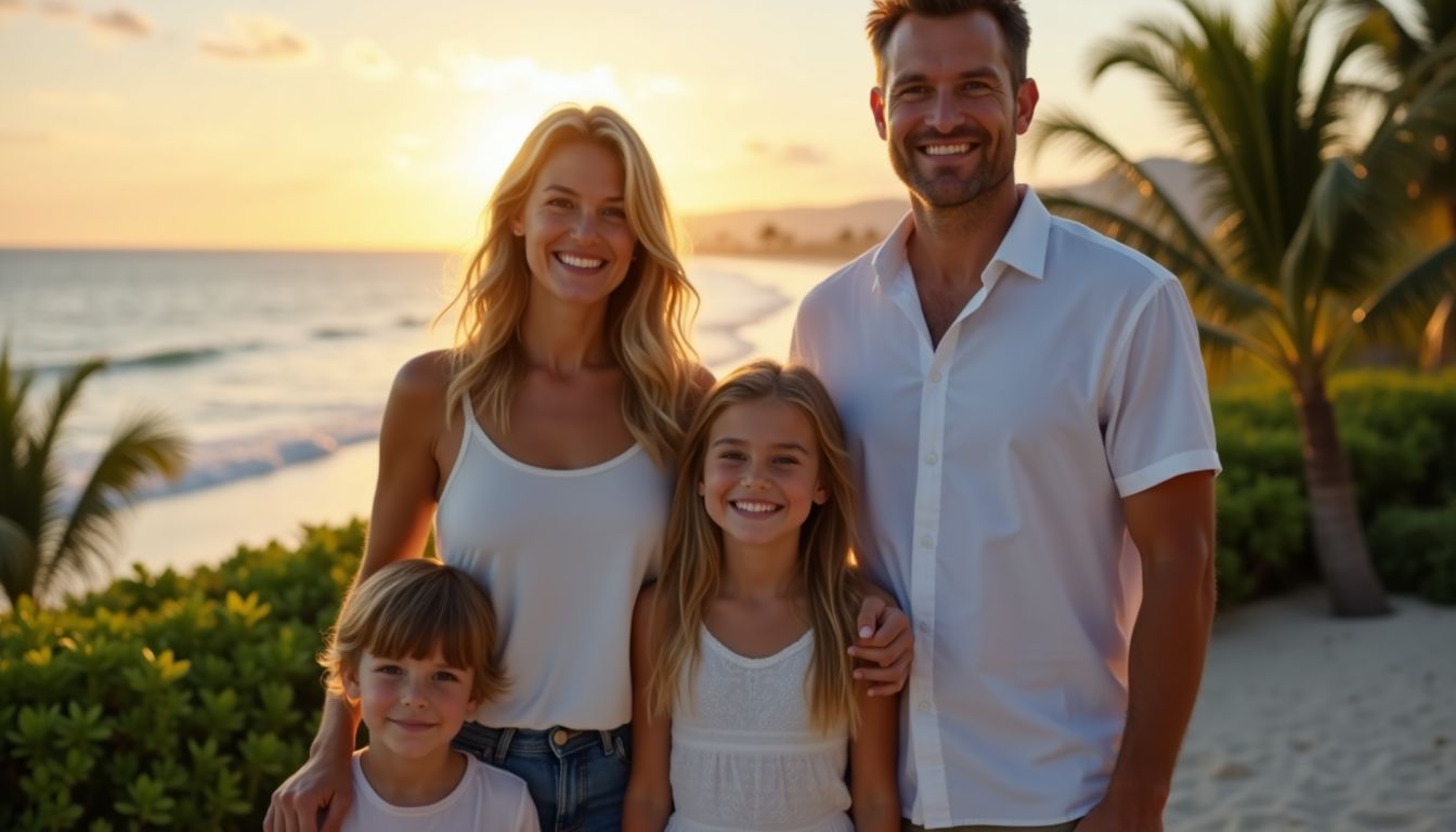 A family of four enjoys a beachside vacation during sunset.