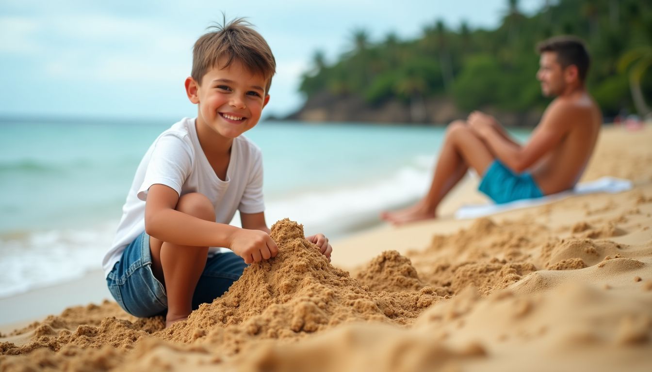 A young boy building a sandcastle on a peaceful Dominican Republic beach.