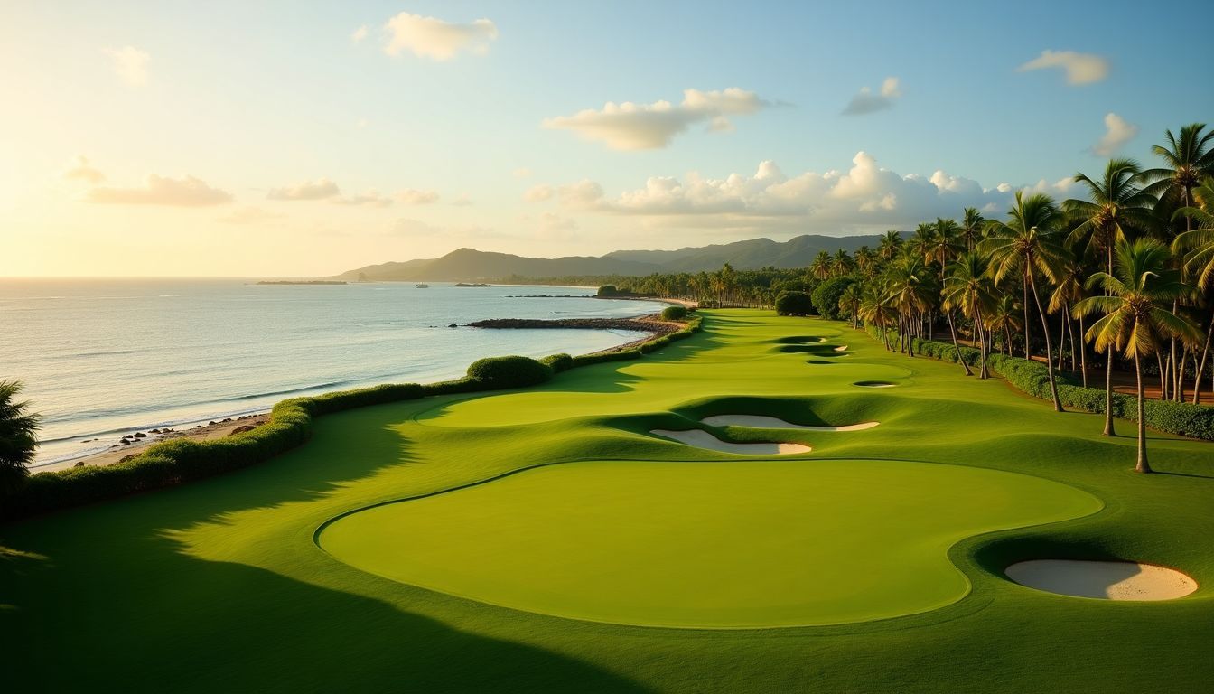 A panoramic view of an oceanfront golf course at Casa de Campo.