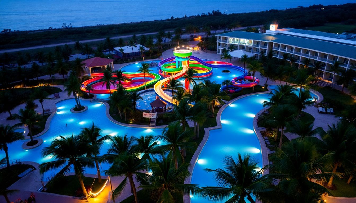 An aerial view of a water park at dusk with vibrant water slides and a lazy river.