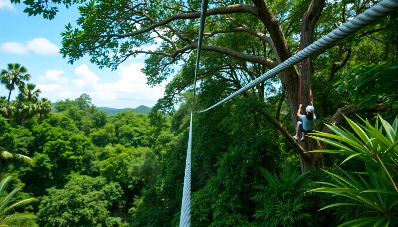 A treetop zipline adventure through the lush Punta Cana rainforest.