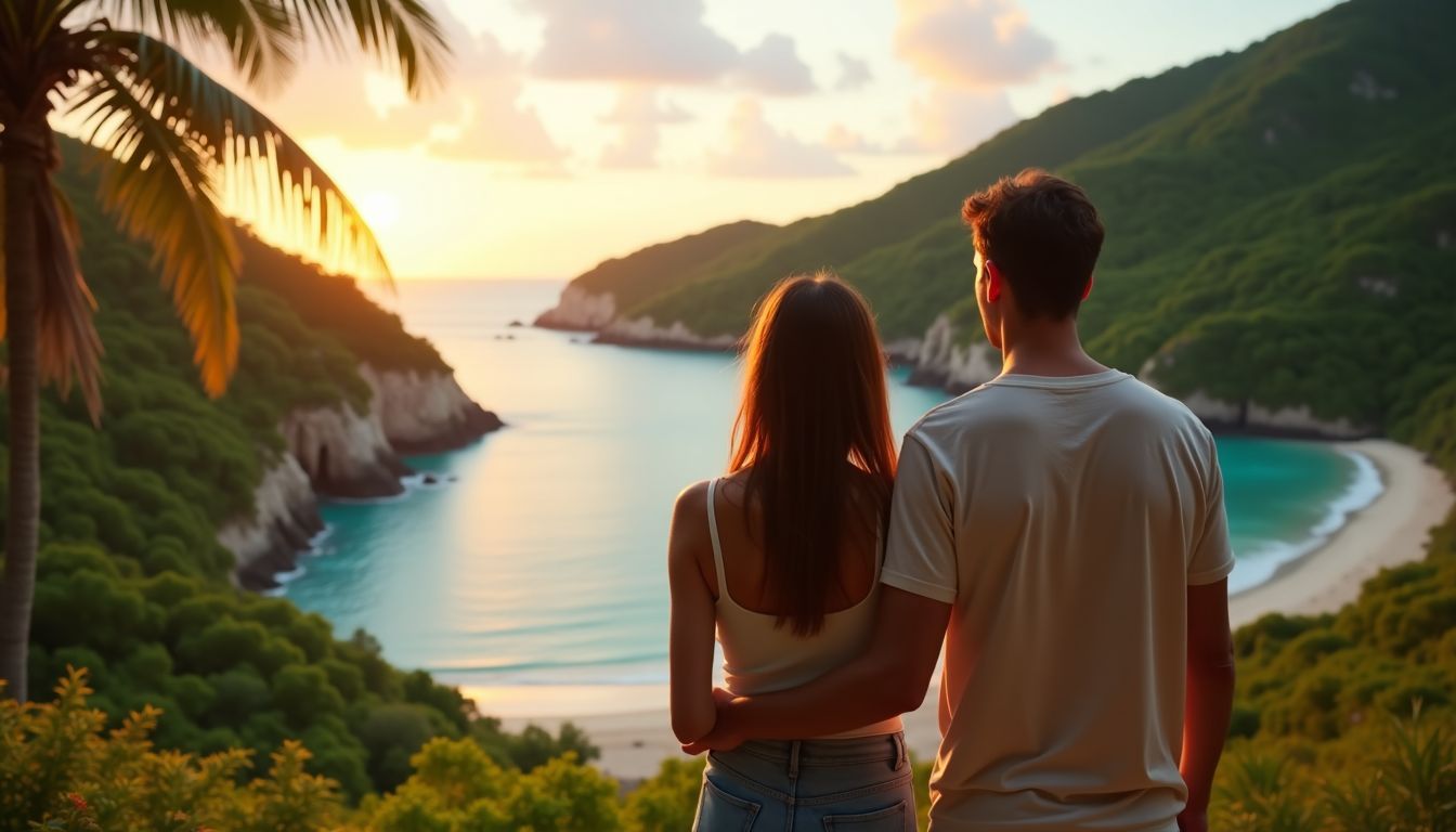 A couple in casual clothing looking out at a secluded beach.