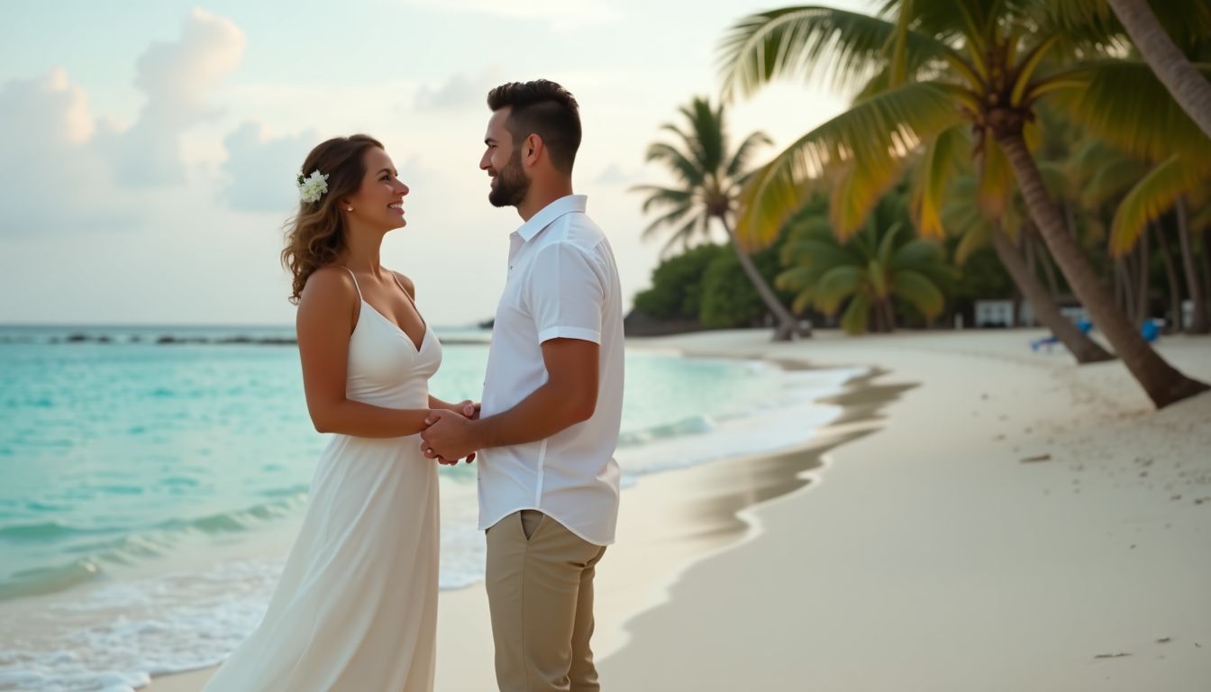 A couple exchanging vows on a beach at sunset in the Dominican Republic.