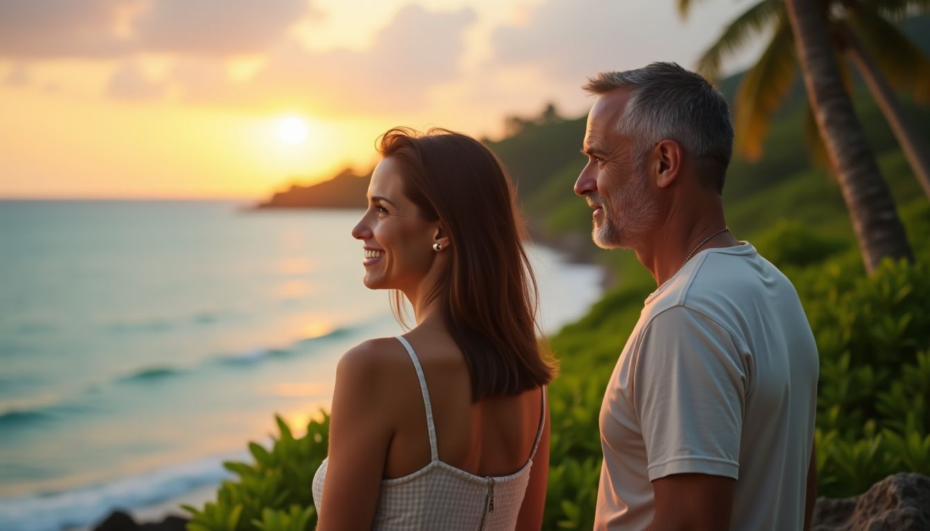 A couple in their 40s standing on a Dominican Republic beachfront property at sunset.