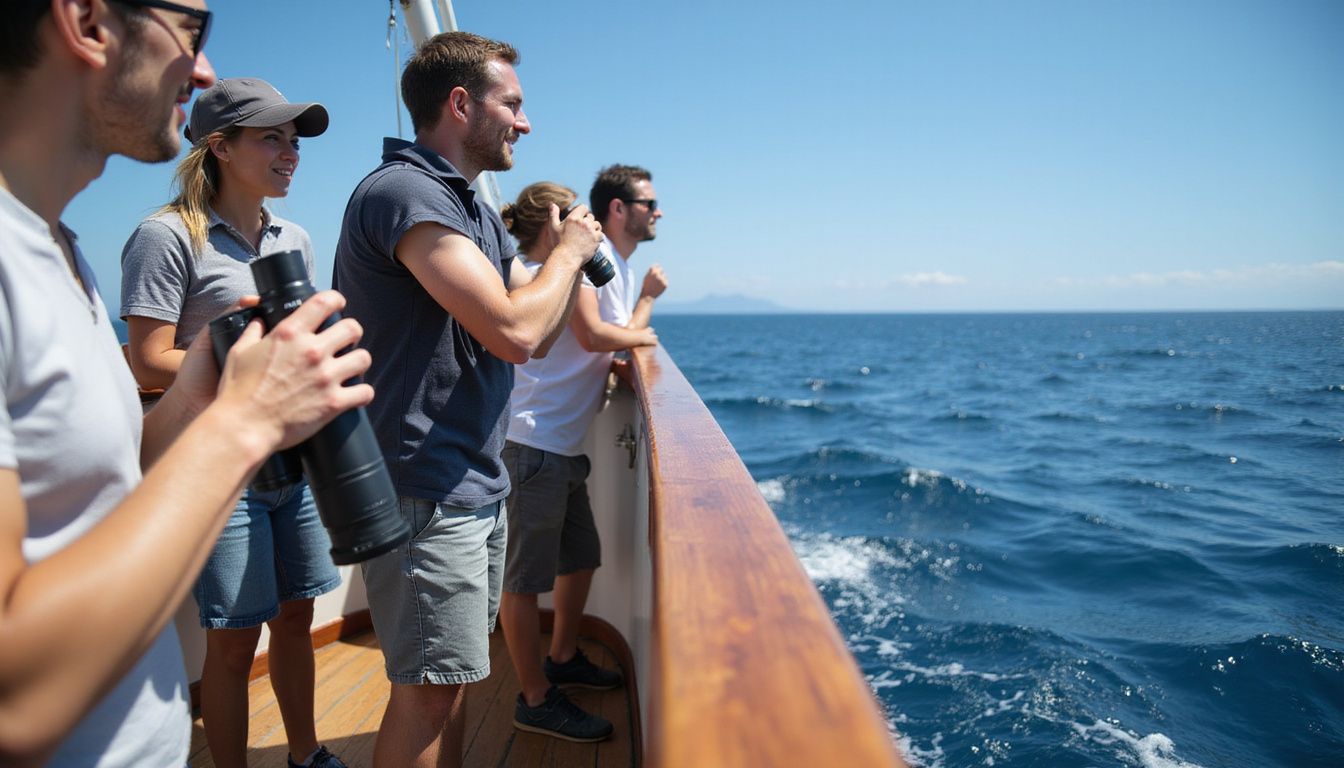 A group of tourists on a boat eagerly watches for humpback whales. A group of tourists on a boat eagerly watches for humpback whales.