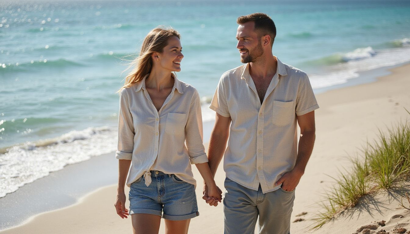 A couple walks hand in hand along a tranquil beach. A couple walks hand in hand along a tranquil beach.