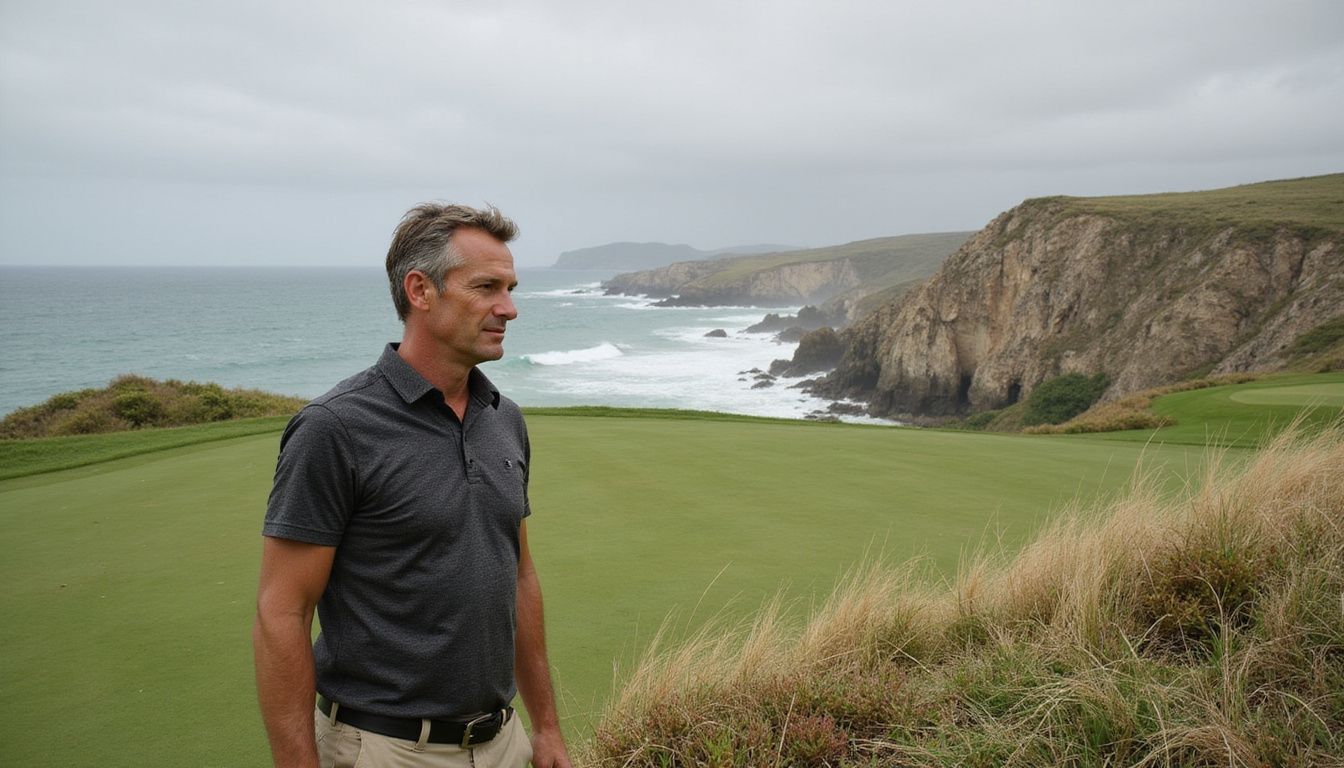 A man standing on Punta Espada Golf Course, overlooking the scenic view. A man standing on Punta Espada Golf Course, overlooking the scenic view.