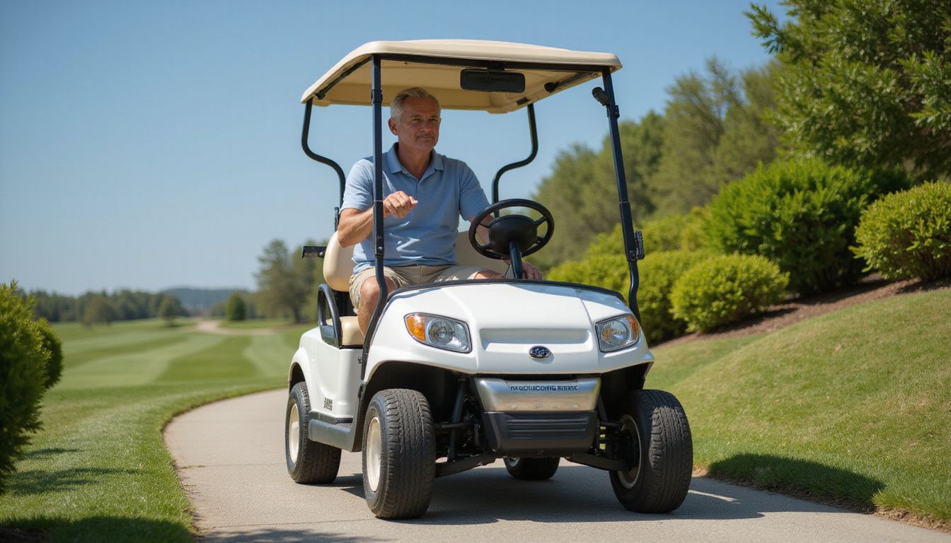 A man in his early 50s driving a white electric golf cart at an upscale resort. A man in his early 50s driving a white electric golf cart at an upscale resort.