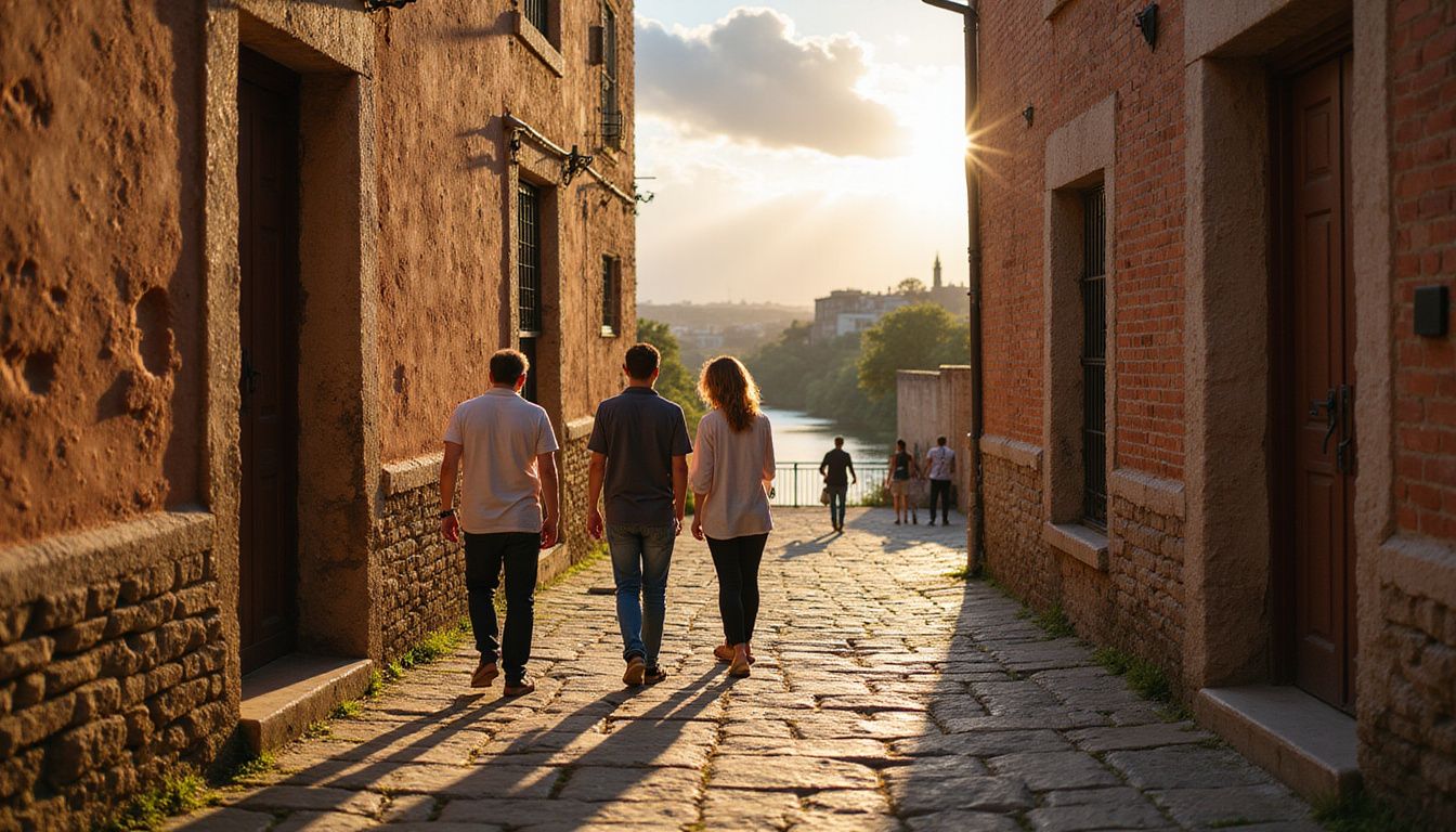 A serene Tuscan-style town overlooking a river with casually dressed individuals. A serene Tuscan-style town overlooking a river with casually dressed individuals.