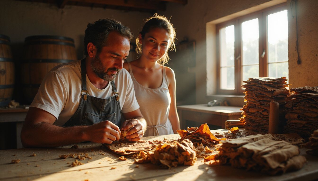 A woman watches a man hand-rolling cigars in a workshop. A woman watches a man hand-rolling cigars in a workshop.