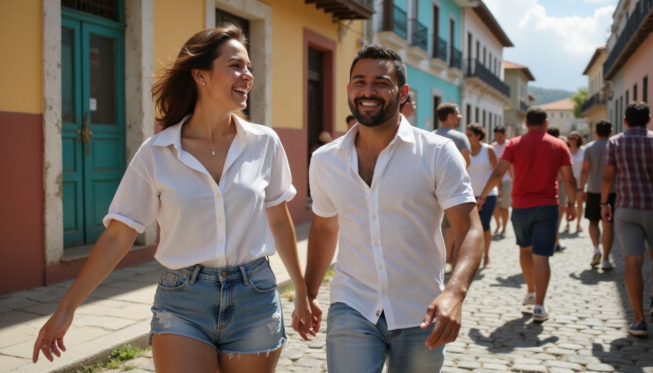A couple joyfully dances at an outdoor music festival in Santo Domingo. A couple joyfully dances at an outdoor music festival in Santo Domingo.