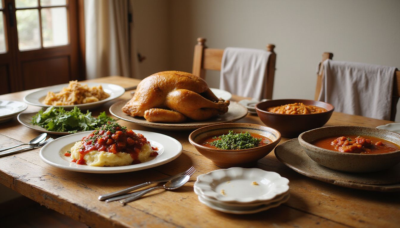 A rustic table beautifully displays a variety of Thanksgiving dishes. A rustic table beautifully displays a variety of Thanksgiving dishes.