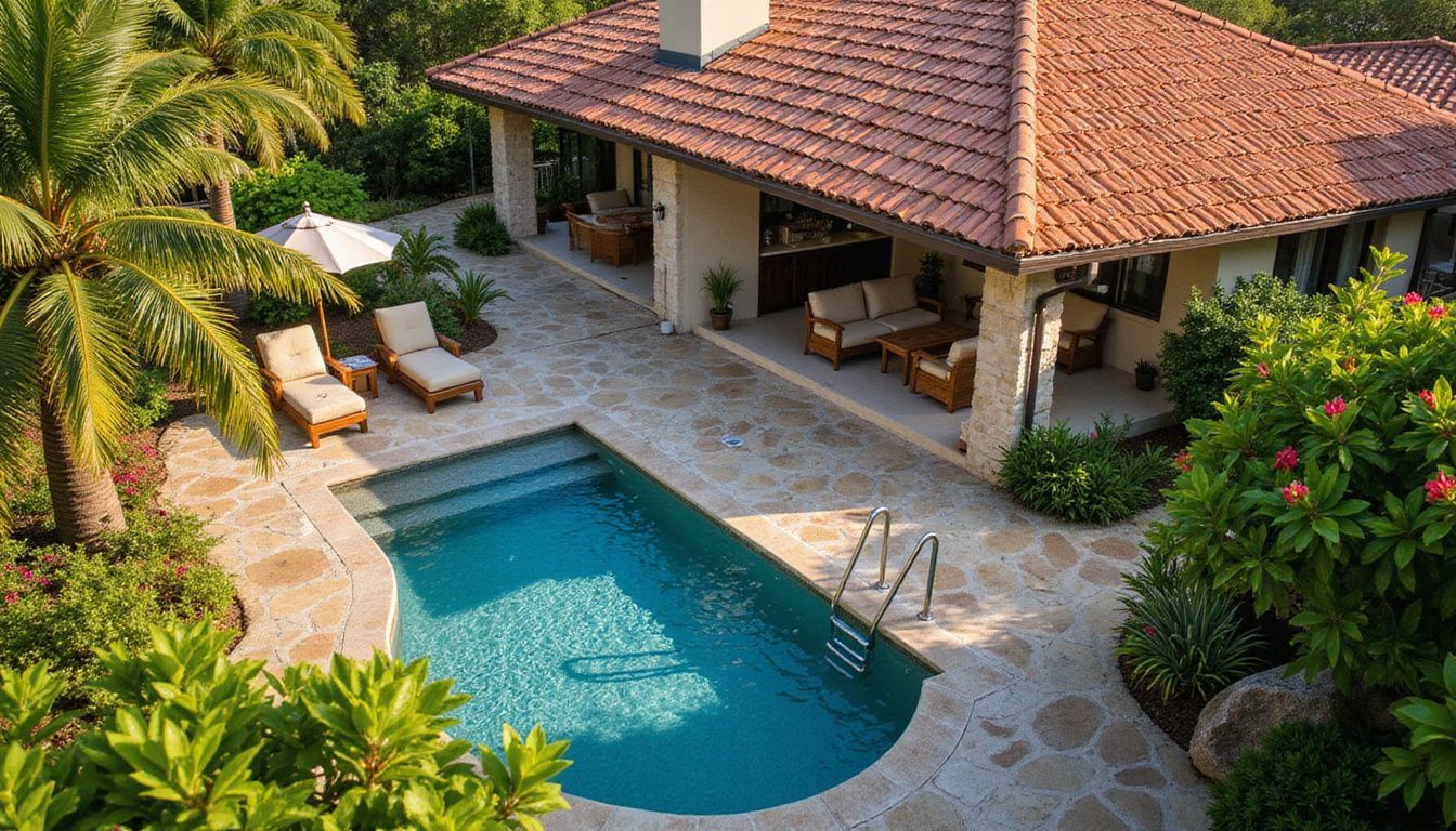 A luxurious villa in a tropical garden with a pristine pool. A luxurious villa in a tropical garden with a pristine pool.