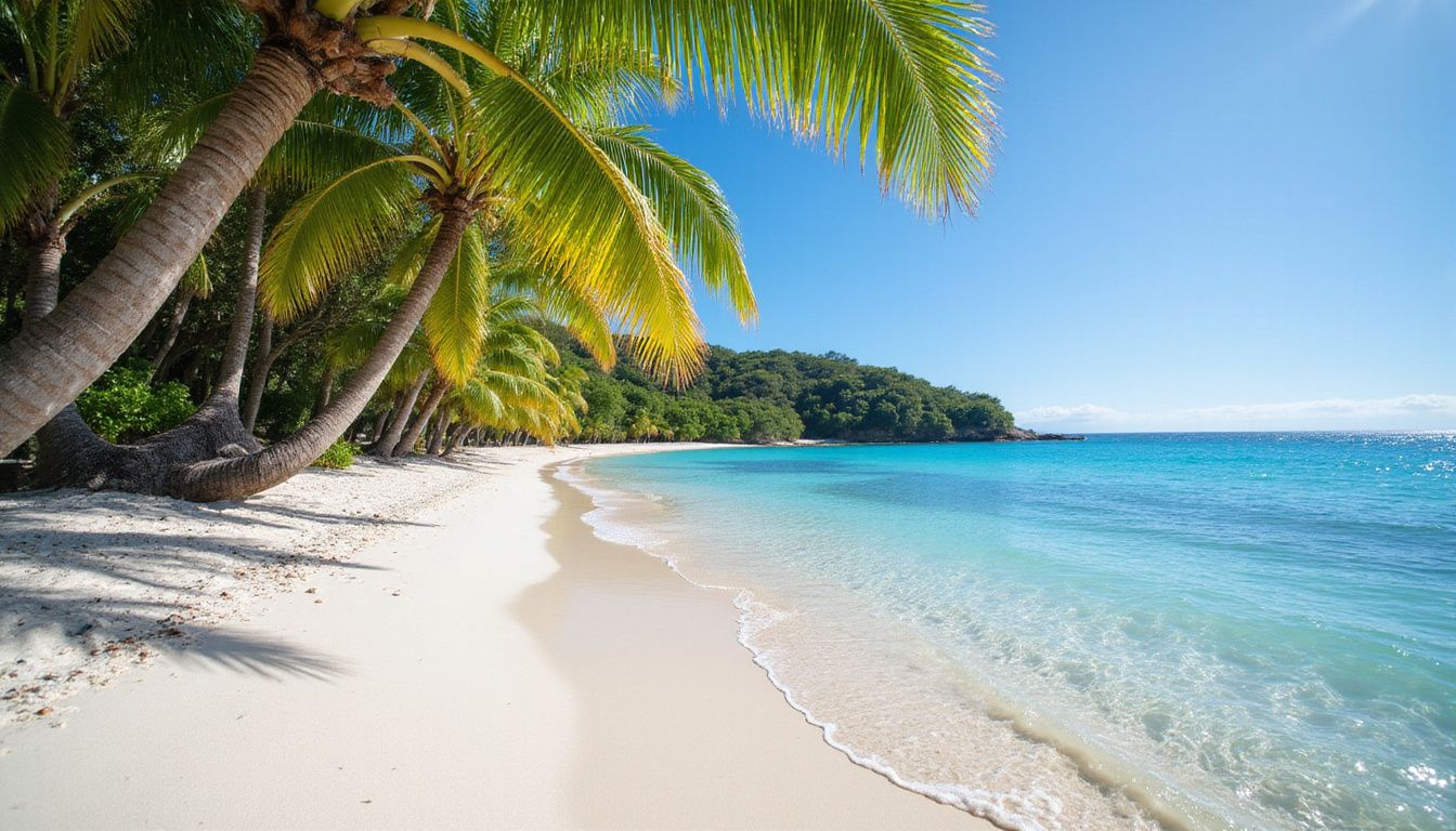 Tranquil tropical beach with white sand and crystal-clear turquoise water. Tranquil tropical beach with white sand and crystal-clear turquoise water.