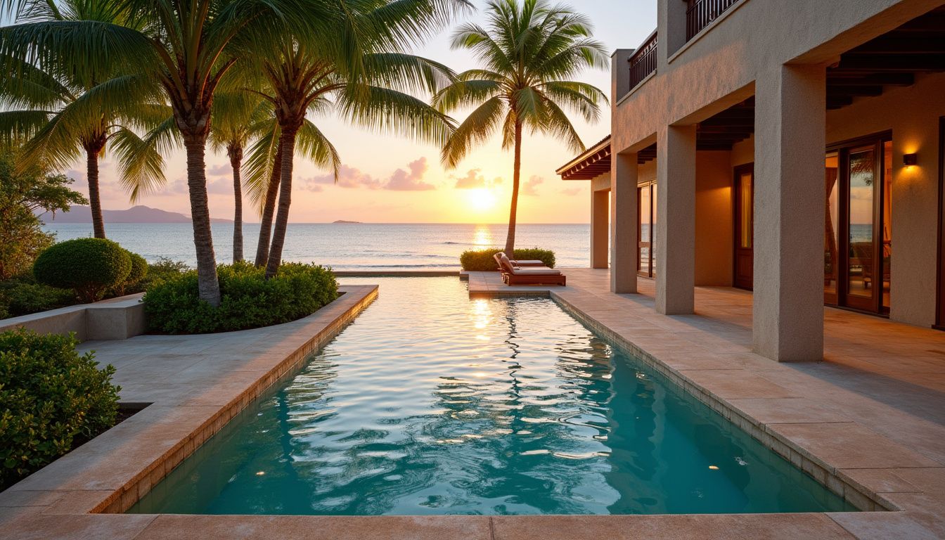 Luxurious villa with pool and palm trees overlooking the Caribbean Sea.