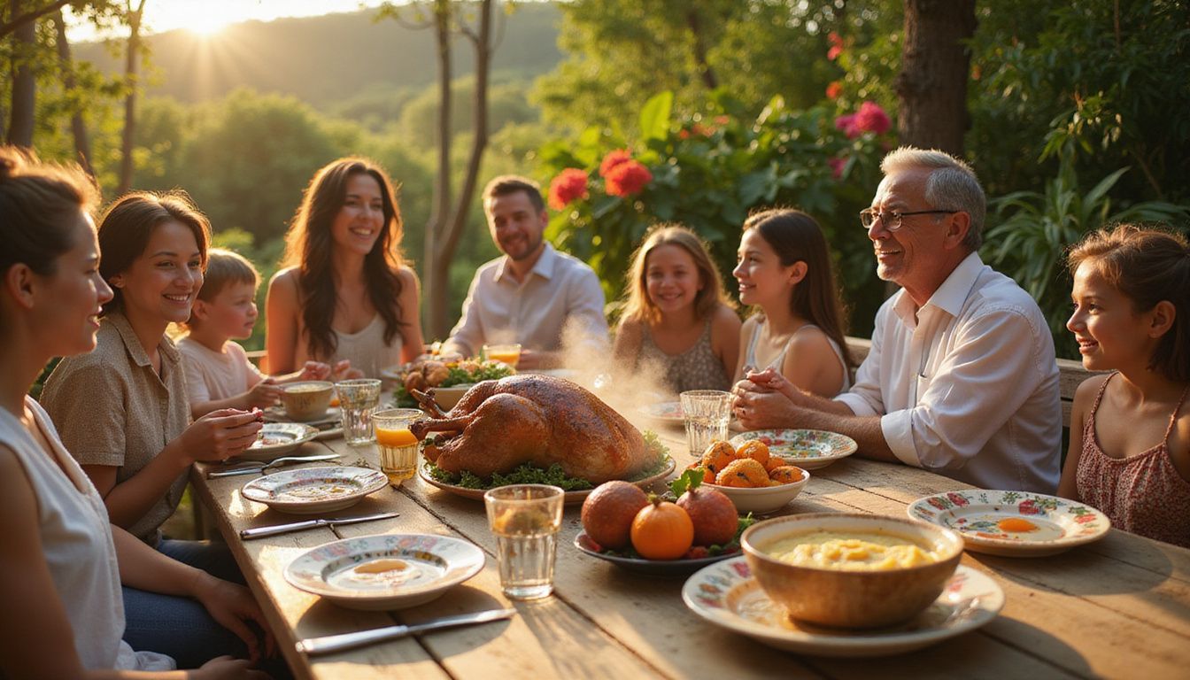 A multigenerational family enjoys a heartfelt Thanksgiving gathering outdoors.