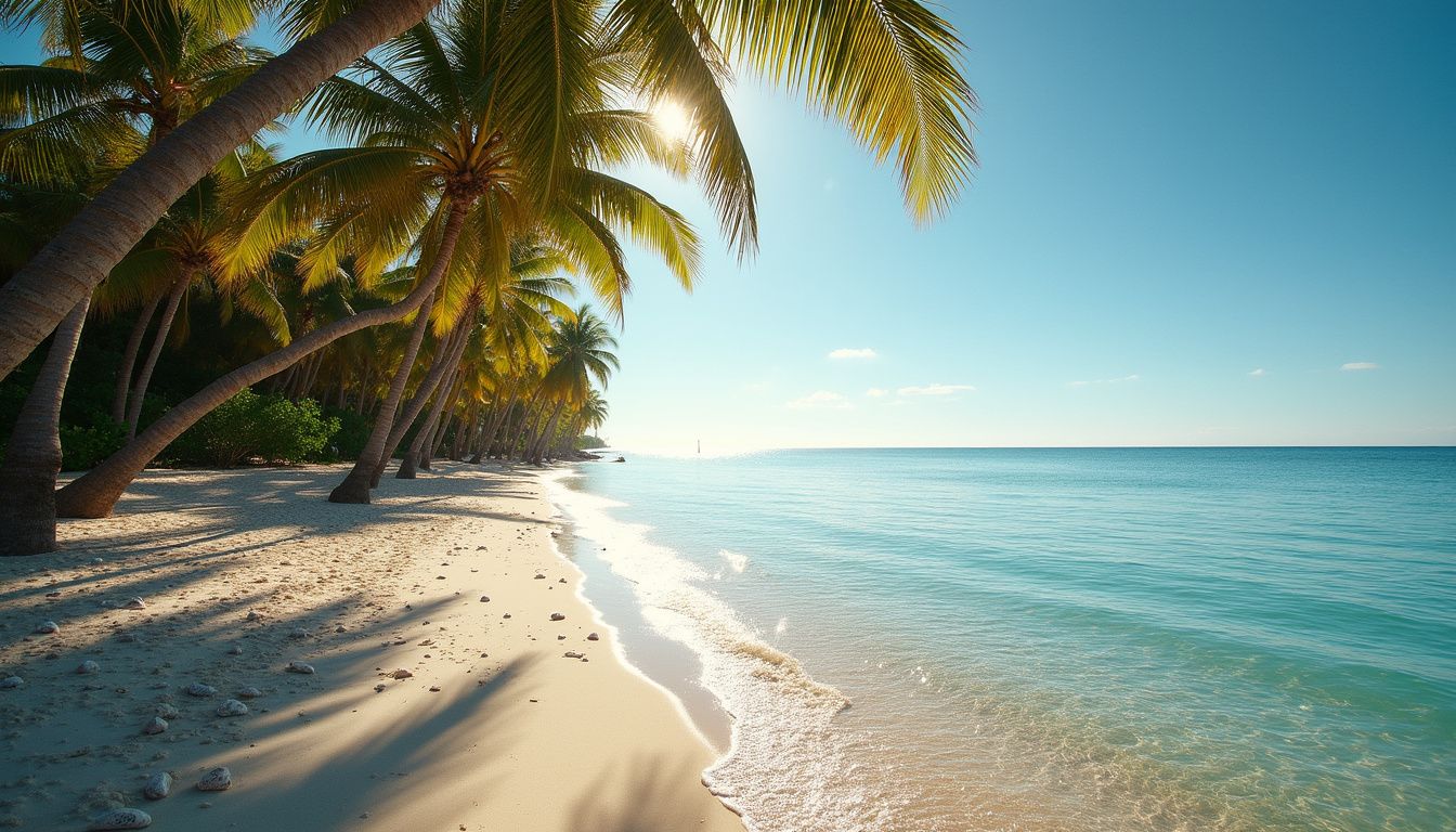 Serene tropical beach with gentle waves and swaying palm trees.