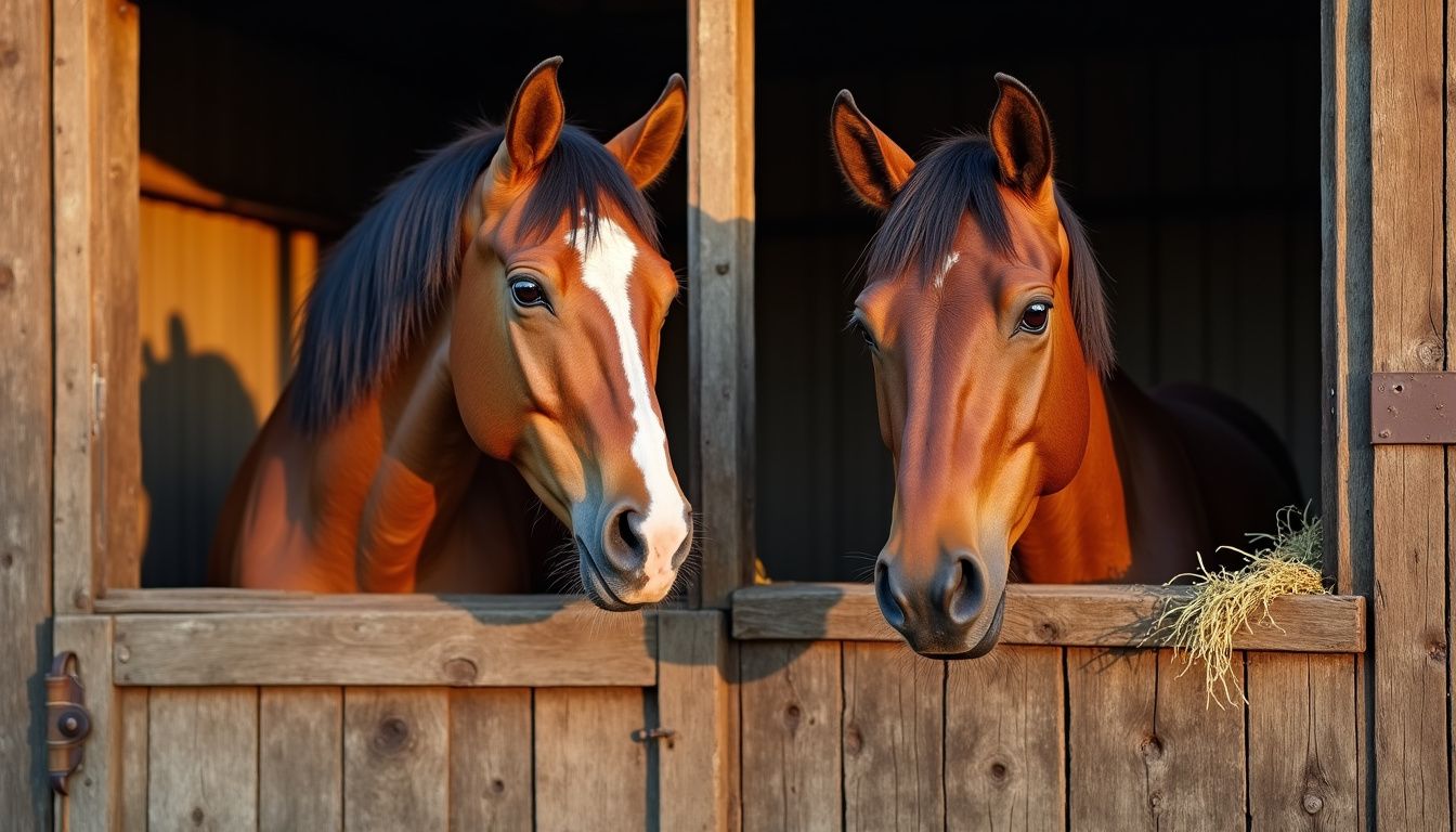 A rustic barn houses two calm, well-groomed horses in stalls.
