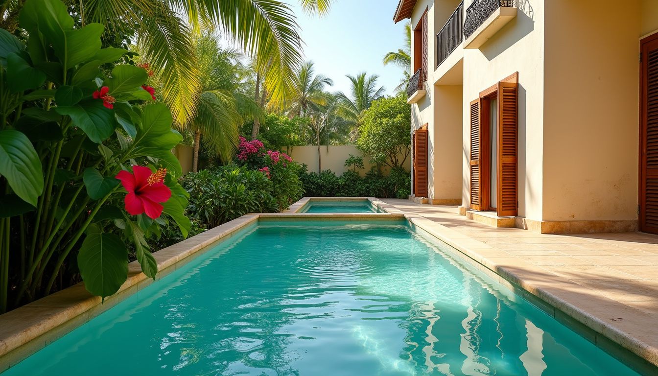 Luxurious villa with a private pool surrounded by tropical foliage. Luxurious villa with a private pool surrounded by tropical foliage.