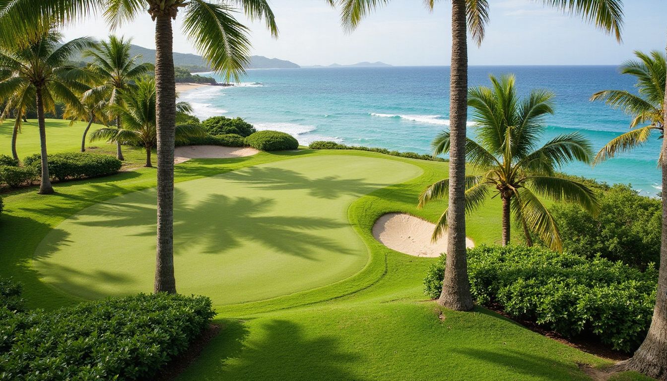 Aerial view of a lush golf course beside the Caribbean Sea. Aerial view of a lush golf course beside the Caribbean Sea.