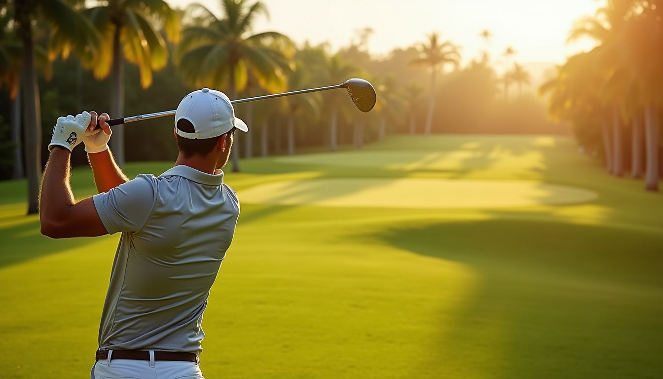 A golfer swings on a beautifully maintained golf course landscape. A golfer swings on a beautifully maintained golf course landscape.