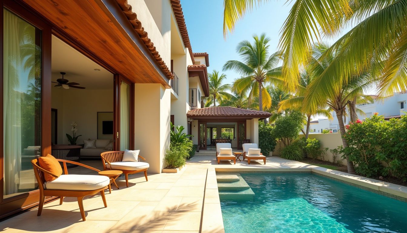 Luxurious beachfront villa in Casa de Campo with private pool and tropical foliage.