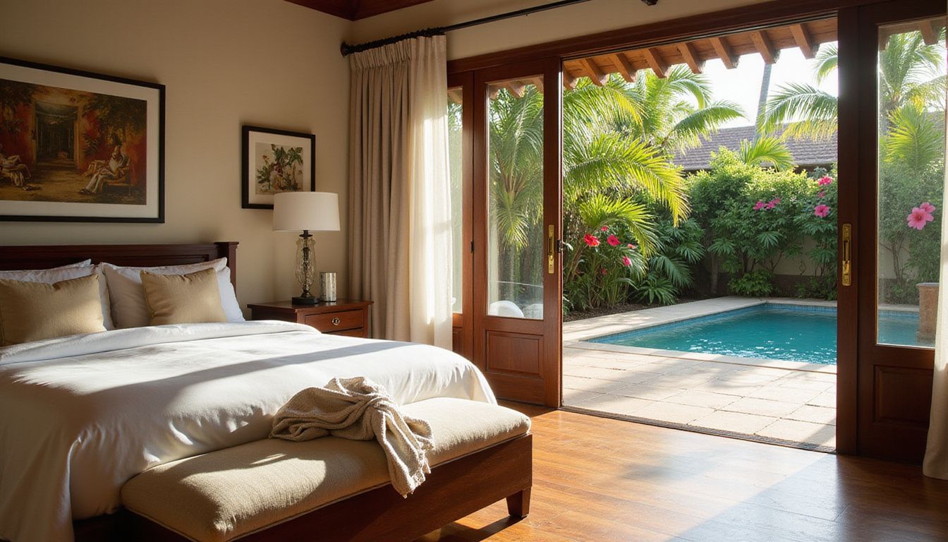 Luxury villa master bedroom with elegant furnishings and tropical garden view. Luxury villa master bedroom with elegant furnishings and tropical garden view.