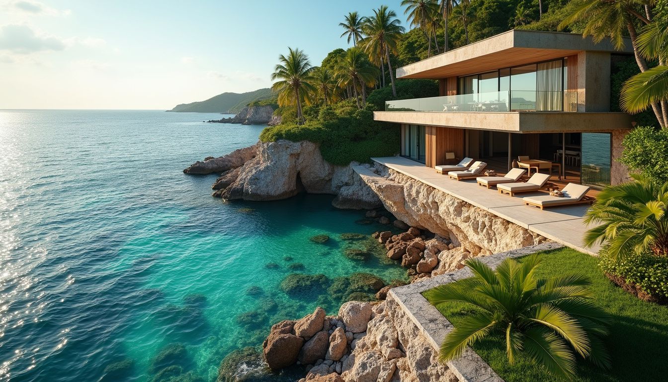 Modern villa on a cliff overlooking turquoise waters and tropical gardens.