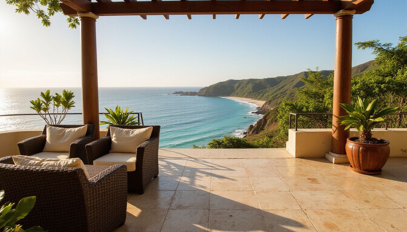 A serene villa terrace overlooks the turquoise Caribbean Sea and beach. A serene villa terrace overlooks the turquoise Caribbean Sea and beach.