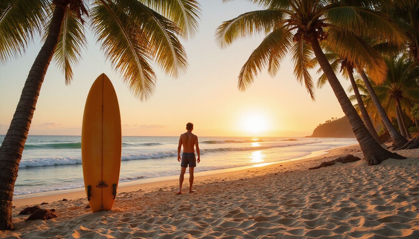 A lone surfboard stands on a tranquil Caribbean beach at sunset. A lone surfboard stands on a tranquil Caribbean beach at sunset.