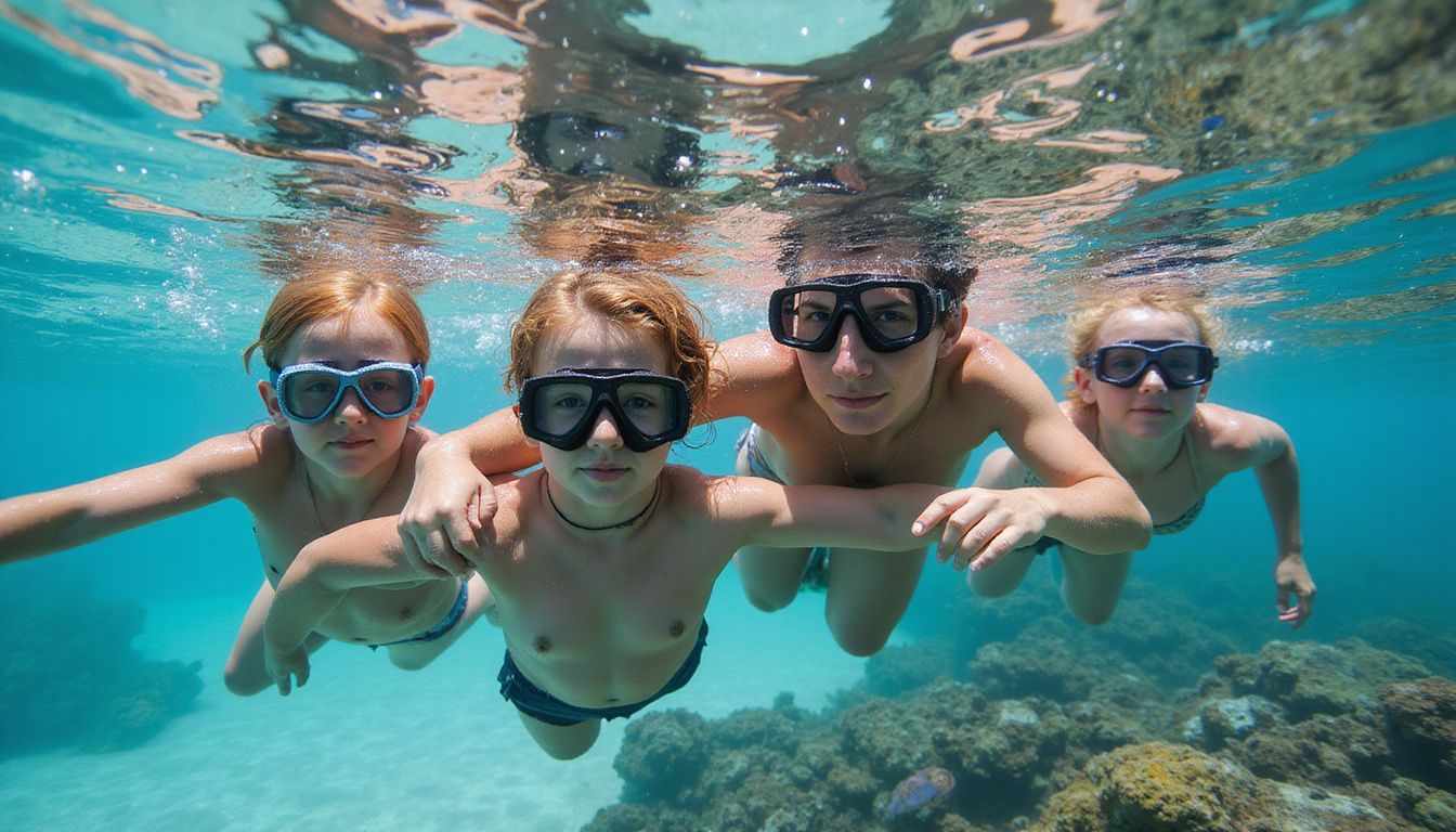 A family of four enjoys snorkeling in vibrant turquoise waters.